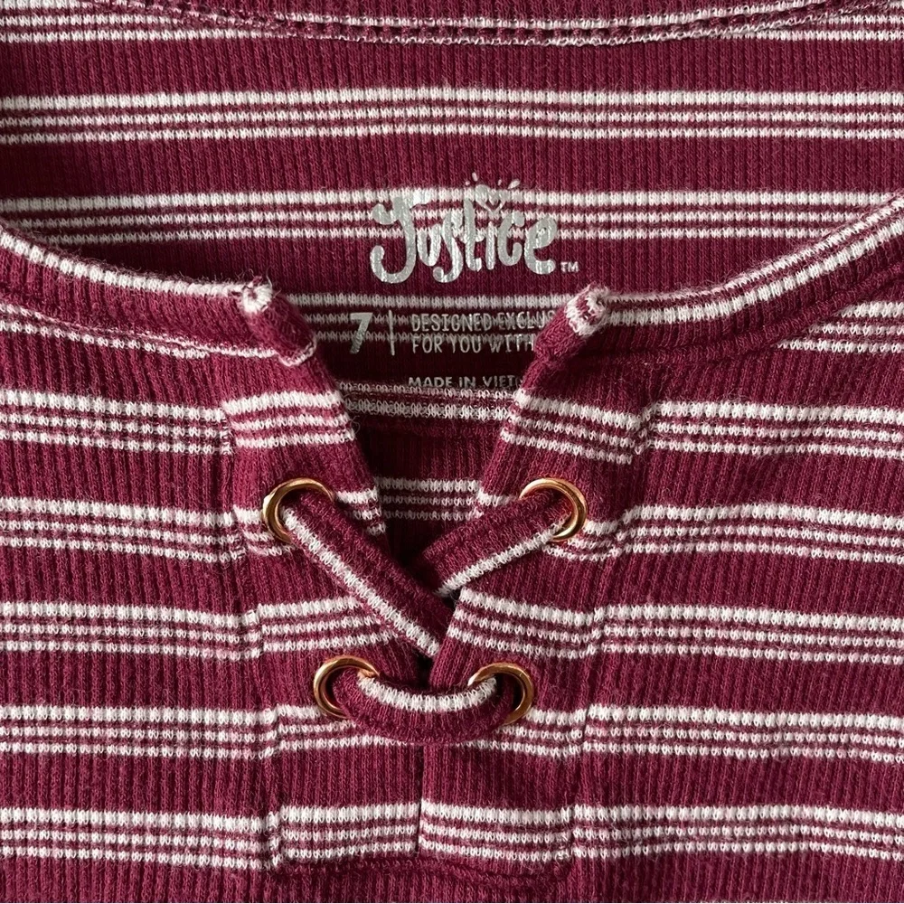 Justice Thermal Top Girls 7 Striped Maroon White Lettuce Edge Long Sleeve Shirt